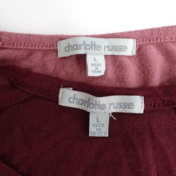 Lot of 2 Charlotte Russe V-Neck Jersey Knit Tops Women Size L Red Mauve Strappy - Picture 6 of 10